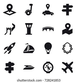 16 vector icon set : pointer, segway, car pointer, singlepost, greate wall, airport tower, bridge, sail boat, air ballon, hawaiian wreath, signpost, yacht, compass