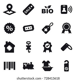 16 vector icon set : pointer, sale, bio, pass card, percent, ticket, medal, smart house, train, handle washing, do not distrub