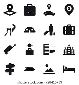 16 vector icon set : pointer, portfolio, car pointer, dollar pin, greate wall, dome house, passenger, suitcase, baggage, hotel, signpost, yacht, landscape, bed