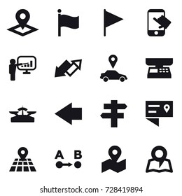 16 vector icon set : pointer, flag, touch, presentation, up down arrow, car pointer, market scales, scales, left arrow, singlepost, map