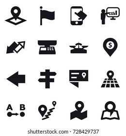 16 vector icon set : pointer, flag, touch, presentation, up down arrow, market scales, scales, dollar pin, left arrow, singlepost, map