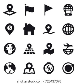 16 vector icon set : pointer, flag, notebook globe, dollar pin, home, earth, map, compass