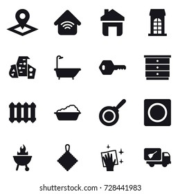 16 vector icon set : pointer, wireless home, home, building, modern architecture, bath, key, chest of drawers, radiator, washing, pan, ring button, bbq, rag, wiping, home call cleaning