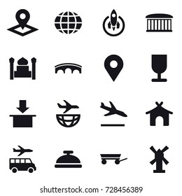 16 vector icon set : pointer, globe, rocket, airport building, minaret, bridge, arrival, bungalow, transfer, service bell, trailer, windmill