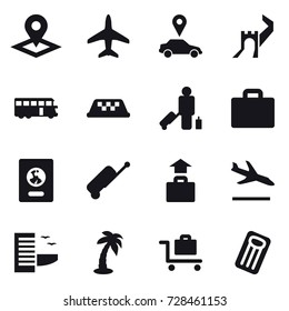 16 vector icon set : pointer, plane, car pointer, greate wall, bus, taxi, passenger, suitcase iocn, passport, suitcase, baggage, arrival, hotel, palm, baggage trolley, inflatable mattress