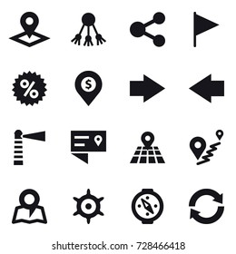16 vector icon set : pointer, share, flag, percent, dollar pin, right arrow, left arrow, lighthouse, map, handwheel, compass, reload