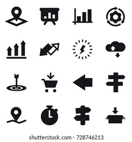 16 vector icon set : pointer, presentation, graph, around gear, graph up, up down arrow, lightning, cloude service, target, add to cart, left arrow, singlepost, signpost, package