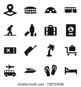 16 vector icon set : pointer, airport building, dome house, bus, tourist, passenger, suitcase, passport, ticket, palm, baggage trolley, transfer, yacht, flip-flops, bed