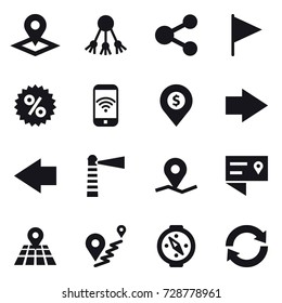 16 vector icon set : pointer, share, flag, percent, phone wireless, dollar pin, right arrow, left arrow, lighthouse, compass, reload