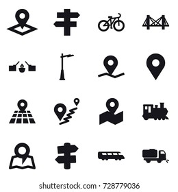 16 vector icon set : pointer, singlepost, bike, bridge, drawbridge, outdoor light, train, map, signpost, sweeper