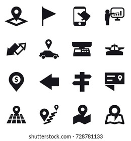 16 vector icon set : pointer, flag, touch, presentation, up down arrow, car pointer, market scales, scales, dollar pin, left arrow, singlepost, map