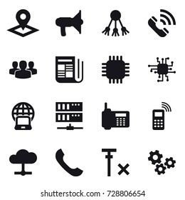 16 vector icon set : pointer, loudspeaker, share, call, group, newspaper, chip, notebook globe, server, gears