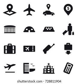 16 vector icon set : pointer, plane, car pointer, dollar pin, airport building, dome house, taxi, passenger, suitcase, ticket, baggage get, departure, hotel, inflatable mattress