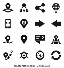 16 vector icon set : pointer, share, globe connect, phone wireless, dollar pin, right arrow, left arrow, handwheel, compass, reload