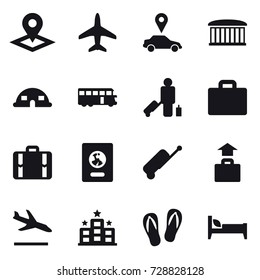 16 vector icon set : pointer, plane, car pointer, airport building, dome house, bus, passenger, suitcase iocn, suitcase, passport, baggage, arrival, hotel, flip-flops, bed