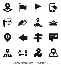 16 vector icon set : pointer, flag, touch, presentation, up down arrow, car pointer, scales, dollar pin, left arrow, singlepost, map