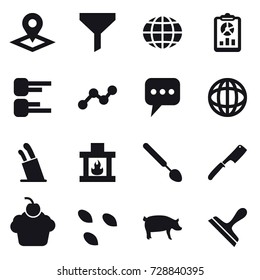 16 vector icon set : pointer, funnel, globe, report, diagram, graph, message, stands for knives, fireplace, big spoon, chef knife, seeds, pig, scraper
