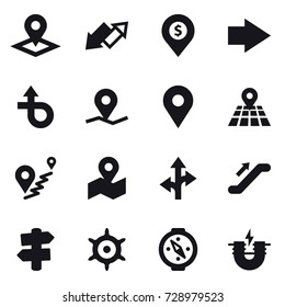 16 vector icon set : pointer, up down arrow, dollar pin, right arrow, escalator, signpost, handwheel, compass