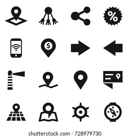 16 vector icon set : pointer, share, percent, phone wireless, dollar pin, right arrow, left arrow, lighthouse, map, handwheel, compass