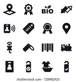 16 vector icon set : pointer, medal, bio, up down arrow, pass card, sale label, train, identity card, do not distrub, handle washing, please clean