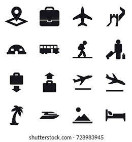 16 vector icon set : pointer, portfolio, plane, greate wall, dome house, bus, tourist, passenger, baggage get, baggage, departure, arrival, palm, yacht, landscape, bed