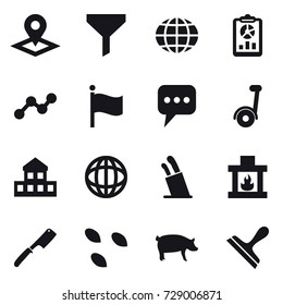 16 vector icon set : pointer, funnel, globe, report, graph, flag, message, segway, cottage, stands for knives, fireplace, chef knife, seeds, pig, scraper