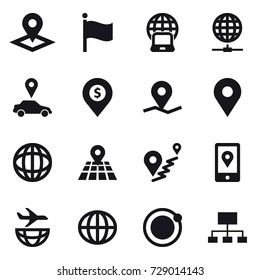 16 vector icon set : pointer, flag, notebook globe, globe connect, car pointer, dollar pin, globe, hierarchy