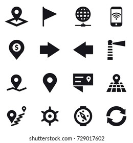 16 vector icon set : pointer, flag, globe connect, phone wireless, dollar pin, right arrow, left arrow, lighthouse, handwheel, compass, reload