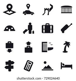 16 vector icon set : pointer, car pointer, greate wall, airport building, dome house, passenger, suitcase, baggage get, baggage, hotel, palm, signpost, inflatable mattress, landscape, bed