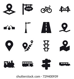 16 vector icon set : pointer, shop signboard, bike, bridge, drawbridge, outdoor light, train, bus, signpost