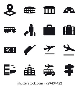 16 vector icon set : pointer, airport building, dome house, bus, passenger, suitcase iocn, suitcase, ticket, departure, arrival, hotel, transfer, signpost