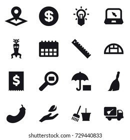 16 vector icon set : pointer, dollar, bulb, notebook, dna modify, ruler, greenhouse, broom, eggplant, hand leaf, bucket and broom, home call cleaning