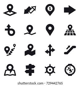 16 vector icon set : pointer, up down arrow, dollar pin, right arrow, escalator, map, signpost, handwheel, compass
