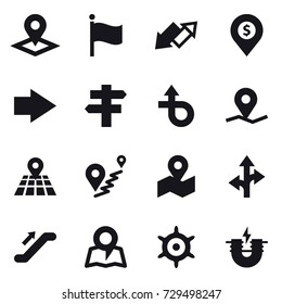 16 vector icon set : pointer, flag, up down arrow, dollar pin, right arrow, singlepost, escalator, map, handwheel