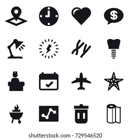 16 vector icon set : pointer, clock, heart, money message, table lamp, lightning, airplane, starfish, bbq, trash bin, paper towel