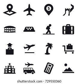 16 vector icon set : pointer, plane, dollar pin, greate wall, airport building, taxi, tourist, suitcase, baggage, departure, palm, baggage trolley, hotel, transfer, inflatable mattress, landscape