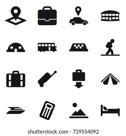 16 vector icon set : pointer, portfolio, car pointer, airport building, dome house, bus, taxi, tourist, suitcase, baggage get, tent, yacht, inflatable mattress, landscape, bed