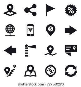 16 vector icon set : pointer, share, flag, percent, globe connect, phone wireless, dollar pin, right arrow, left arrow, lighthouse, map, compass, reload