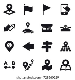 16 vector icon set : pointer, flag, touch, up down arrow, car pointer, market scales, scales, dollar pin, left arrow, singlepost, map