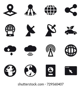 16 vector icon set : pointer, share, globe, notebook globe, satellite antenna, eco car, cloude service, cloud wireless, antenna, earth, passport