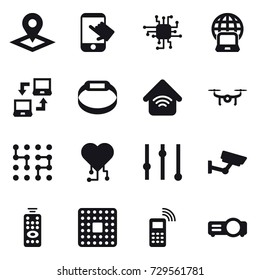 16 vector icon set : pointer, touch, chip, notebook globe, notebook connect, smart bracelet, wireless home, drone, cardio chip, equalizer, surveillance, remote control