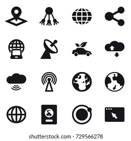 16 vector icon set : pointer, share, globe, notebook globe, satellite antenna, eco car, cloude service, cloud wireless, antenna, earth, passport
