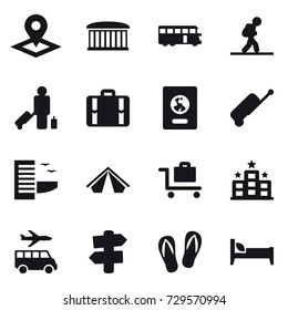 16 vector icon set : pointer, airport building, bus, tourist, passenger, suitcase, passport, hotel, tent, baggage trolley, transfer, signpost, flip-flops, bed
