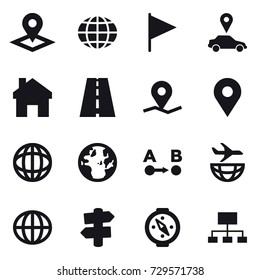 16 vector icon set : pointer, globe, flag, car pointer, home, signpost, compass, hierarchy