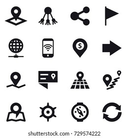 16 vector icon set : pointer, share, flag, globe connect, phone wireless, dollar pin, right arrow, map, handwheel, compass, reload