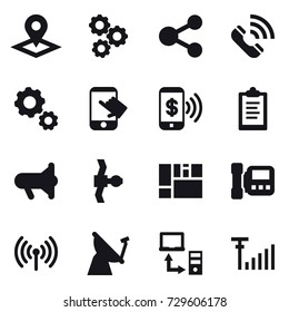 16 vector icon set : pointer, gear, share, call, touch, phone pay, clipboard, megafon, intercome, wireless