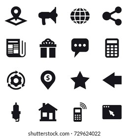 16 vector icon set : pointer, loudspeaker, globe, share, newspaper, gift, message, calculator, around gear, dollar pin, star, left arrow, spark plug, home