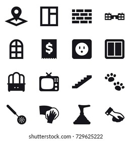 16 vector icon set : pointer, window, brick wall, school, arch window, power socket, power switch, dresser, tv, stairs, pets, skimmer, wiping, plunger