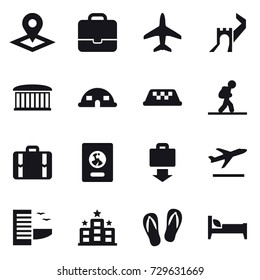 16 vector icon set : pointer, portfolio, plane, greate wall, airport building, dome house, taxi, tourist, suitcase, passport, baggage get, departure, hotel, flip-flops, bed