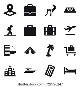 16 vector icon set : pointer, portfolio, greate wall, taxi, tourist, suitcase iocn, suitcase, departure, hotel, tent, palm, baggage trolley, yacht, inflatable mattress, bed